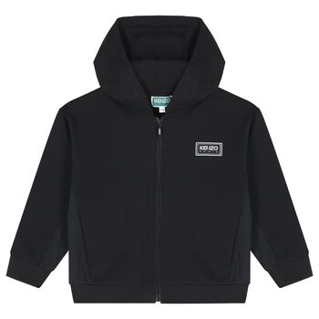 Boys Black Logo Hooded Zip Up Top