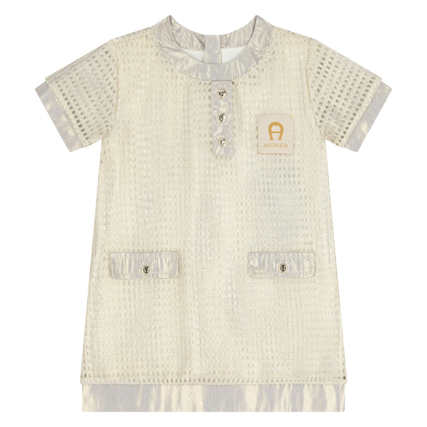 Younger Girls Ivory & Gold Logo Dress, 1, hi-res
