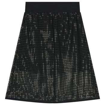 Girls Black Logo Sequin Mesh Midi Skirt