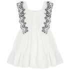 Girls White & Navy Blue Embroidered Ruffles Dress, 1, hi-res