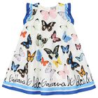 Girls White & Blue Butterfly Print Cotton Dress, 1, hi-res
