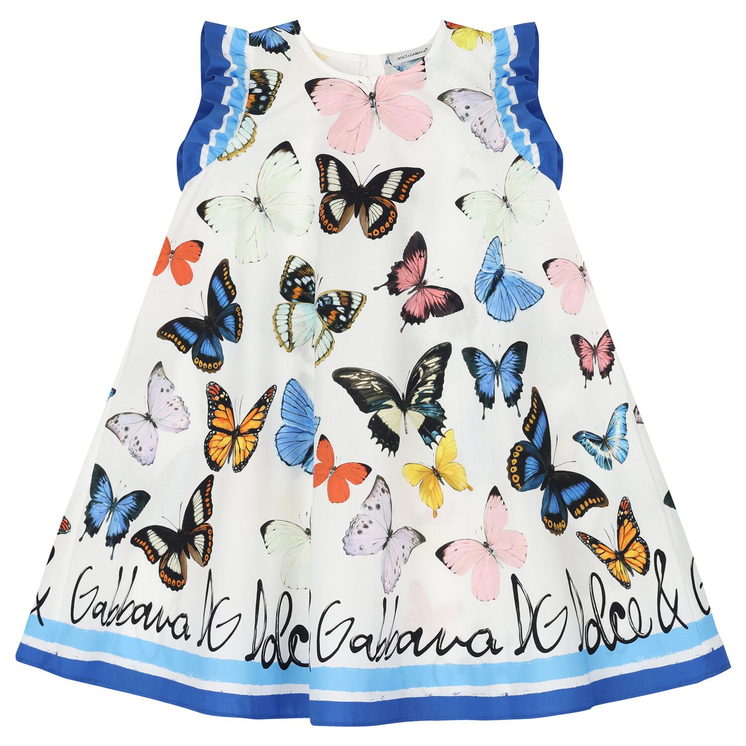 Girls White & Blue Butterfly Print Cotton Dress, 1, hi-res