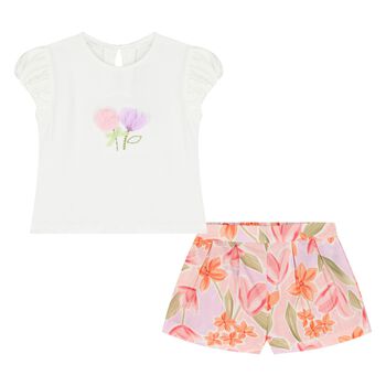 Younger Girls Ivory & Lilac Floral Shorts Set