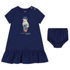 Baby Girls Blue Polo Bear Dress, 1, hi-res