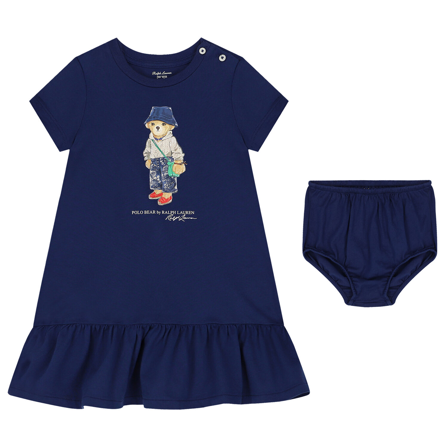 Baby Girls Blue Polo Bear Dress, 1, hi-res