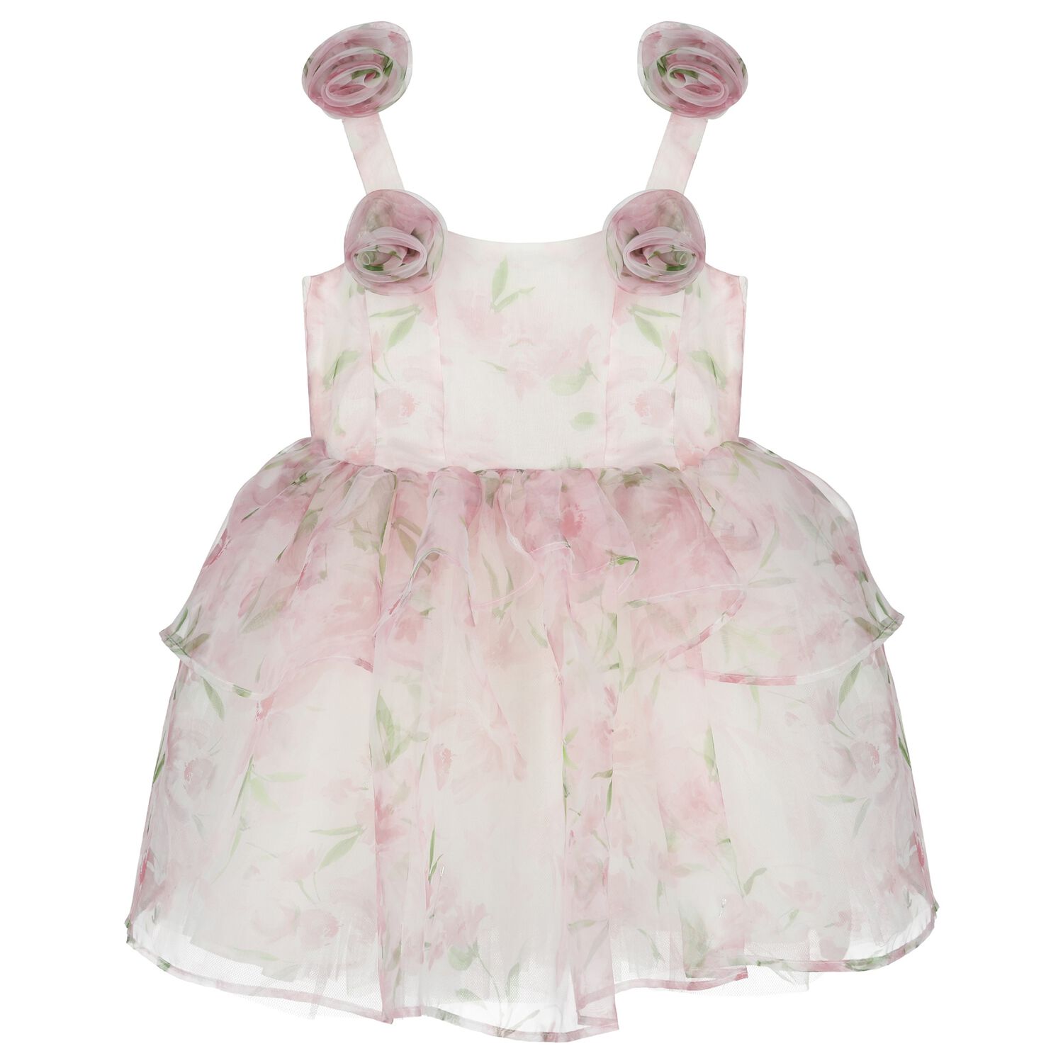 Girls Pink Foral Flared Dress, 1, hi-res