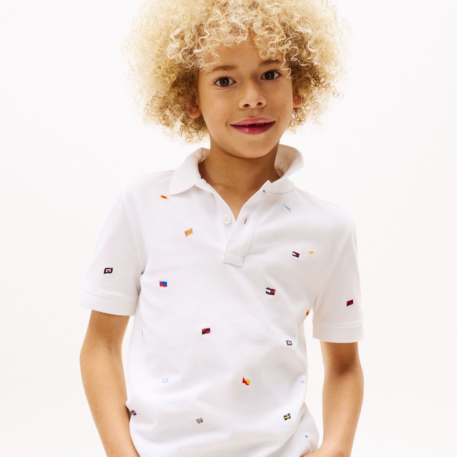 Boys White Flag Embroidery Polo Shirt, 1, hi-res
