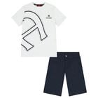 Boys White & Navy Blue Logo Shorts Set, 1, hi-res