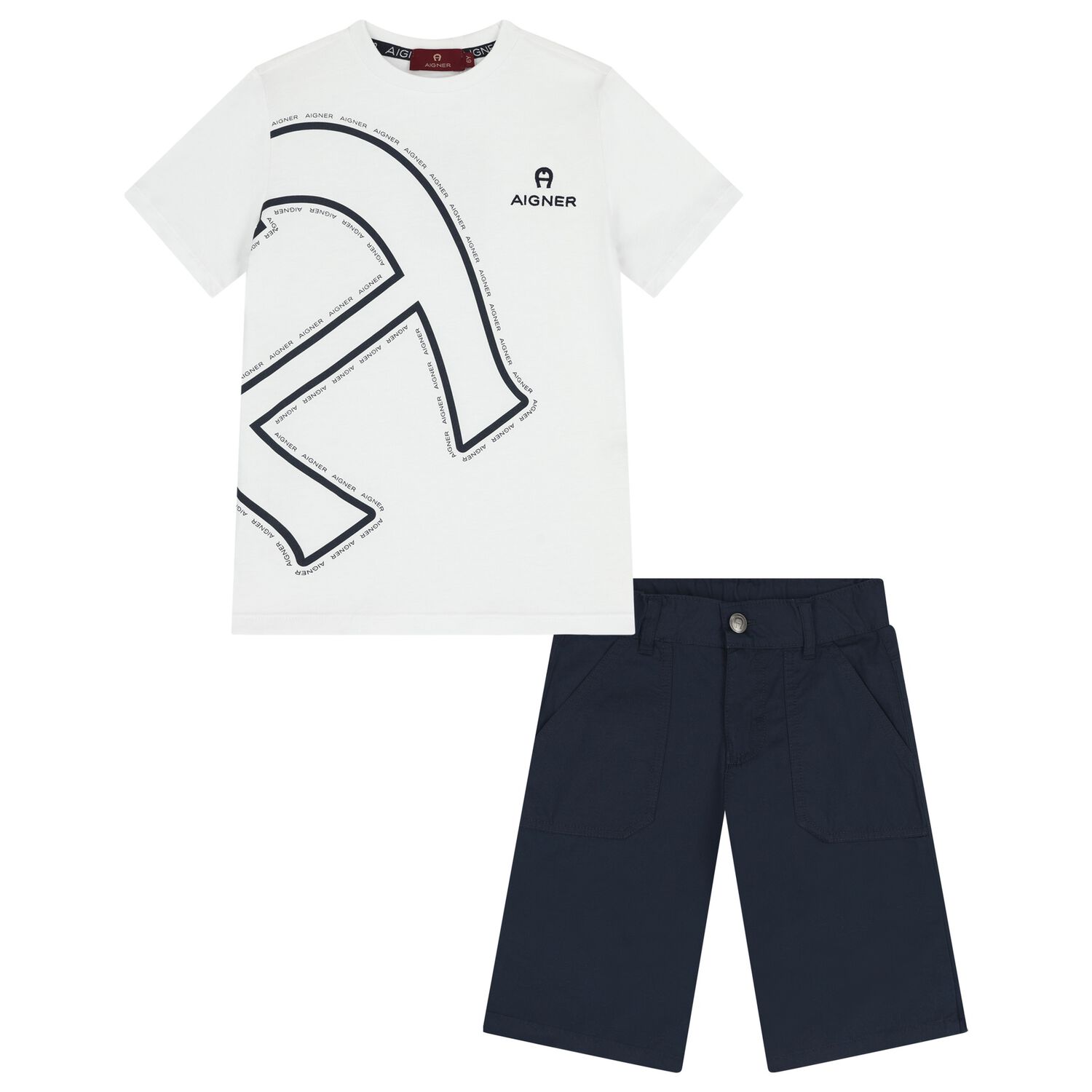 Boys White & Navy Blue Logo Shorts Set, 1, hi-res