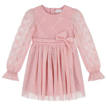 Girls Pink Petal Embroidered Tulle Dress
