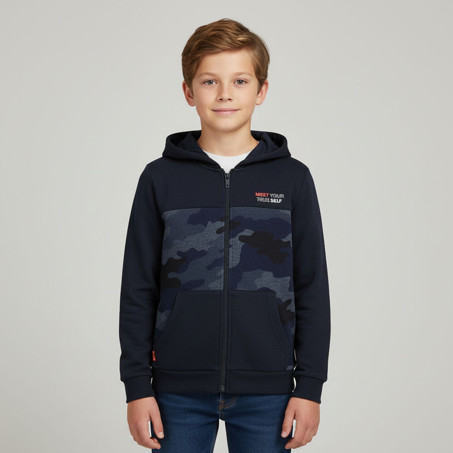 Boys Navy Camouflaged Zip Up Top, 1, hi-res