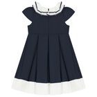 Girls Navy Blue Ruffled Collar Pleated Dress, 1, hi-res