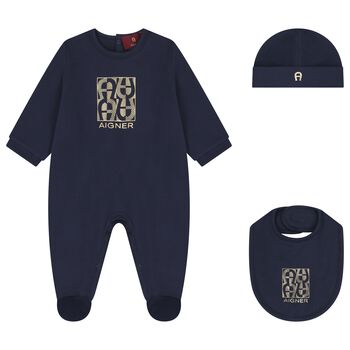 Baby Boys Navy Blue & Gold Babygrow, Hat & Bib Gift Set