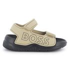 Boys Beige & Black Logo Sandals, 2, hi-res