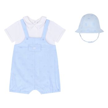 Baby Boys Blue & White Dungaree & Hat Set
