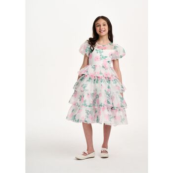 Girls White & Pink Rose Layered Dress