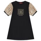 Girls Black & Gold Logo Dress, 1, hi-res