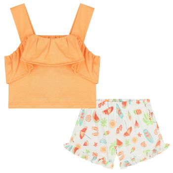 Girls Orange & Ivory Fruit Shorts Set