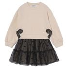 Girls Beige & Black Bow Tulle Skirt Set, 2, hi-res