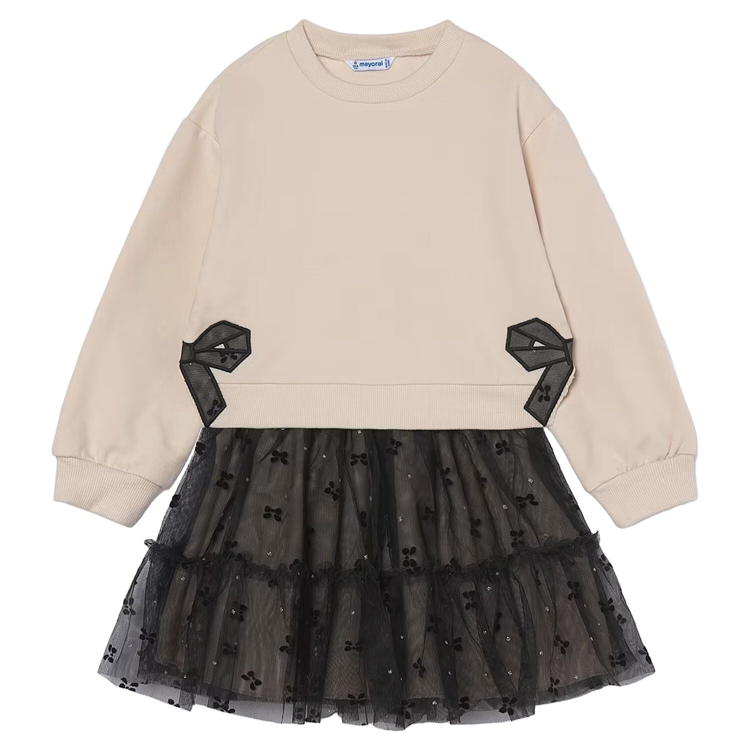 Girls Beige & Black Bow Tulle Skirt Set, 2, hi-res