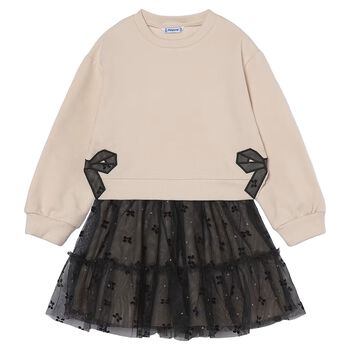 Girls Beige & Black Bow Tulle Skirt Set