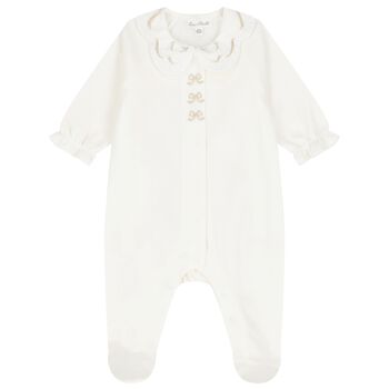 Baby Girls Ivory Bow Velour Babygrow