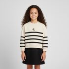 Girls Beige & Black Logo Striped Dress, 1, hi-res