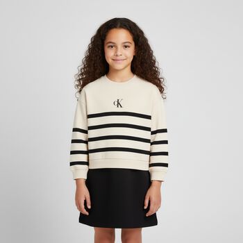 Girls Beige & Black Logo Striped Dress
