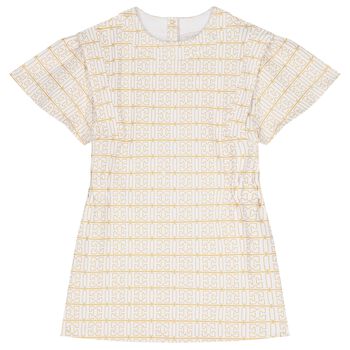 Girls Ivory & Gold Logo Dress
