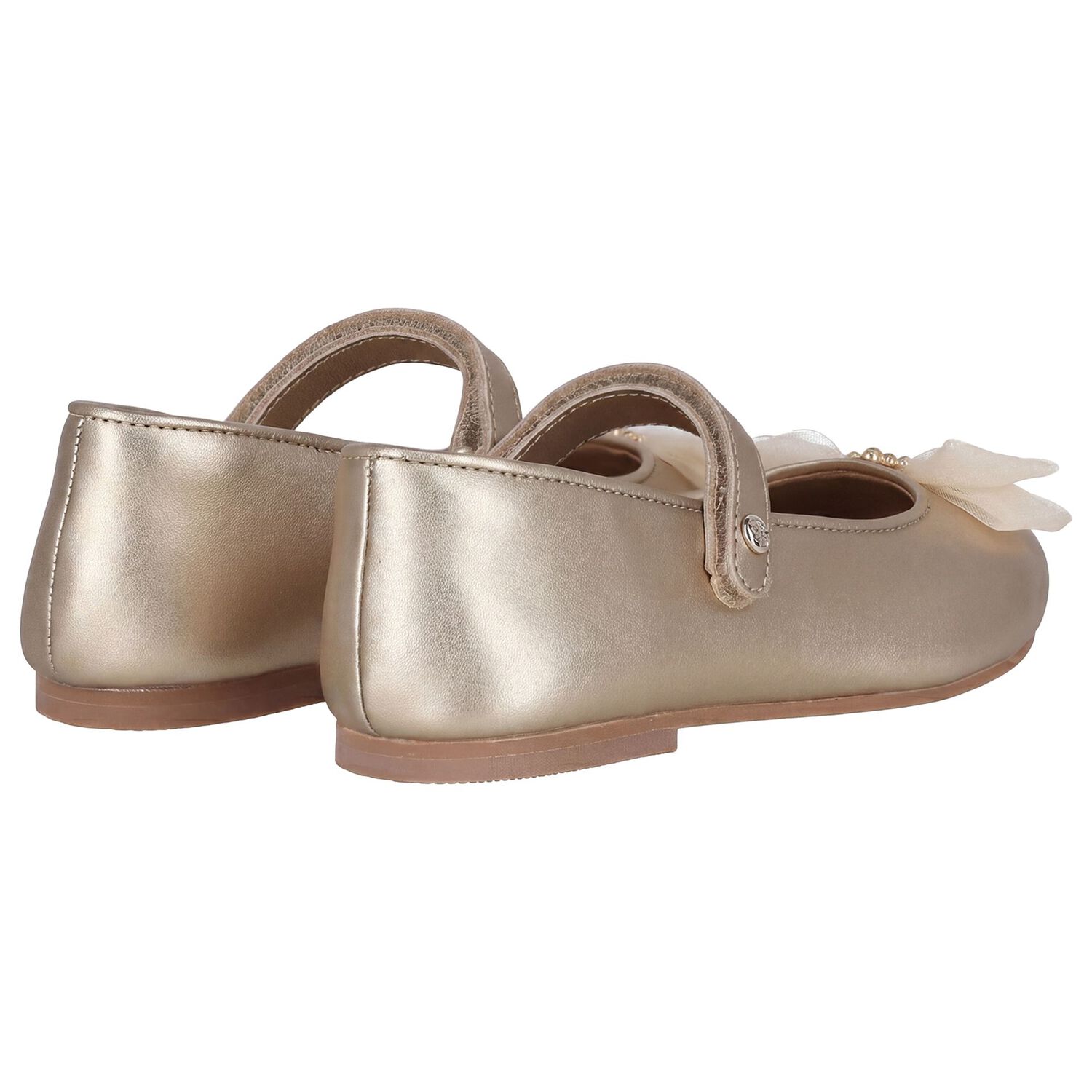Girls Gold Leather Tulle Bow Shoes, 1, hi-res