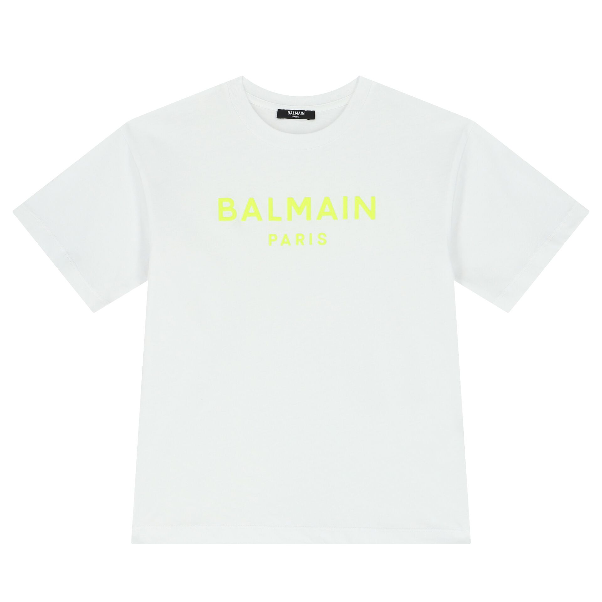 Balmain Boys White Neon Yellow Logo T Shirt Junior Couture UK