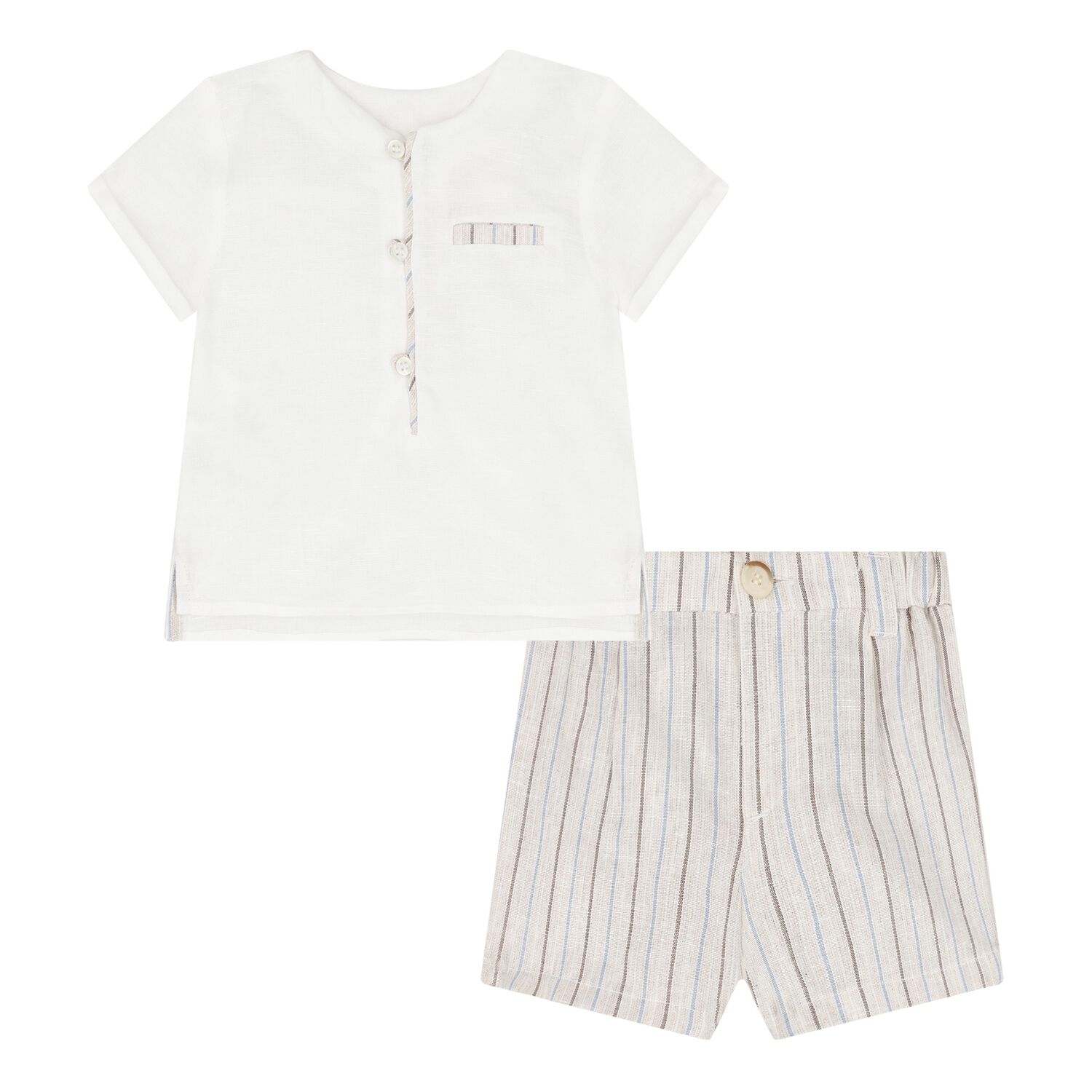 Baby Boys White & Beige Linen Shorts Set, 1, hi-res