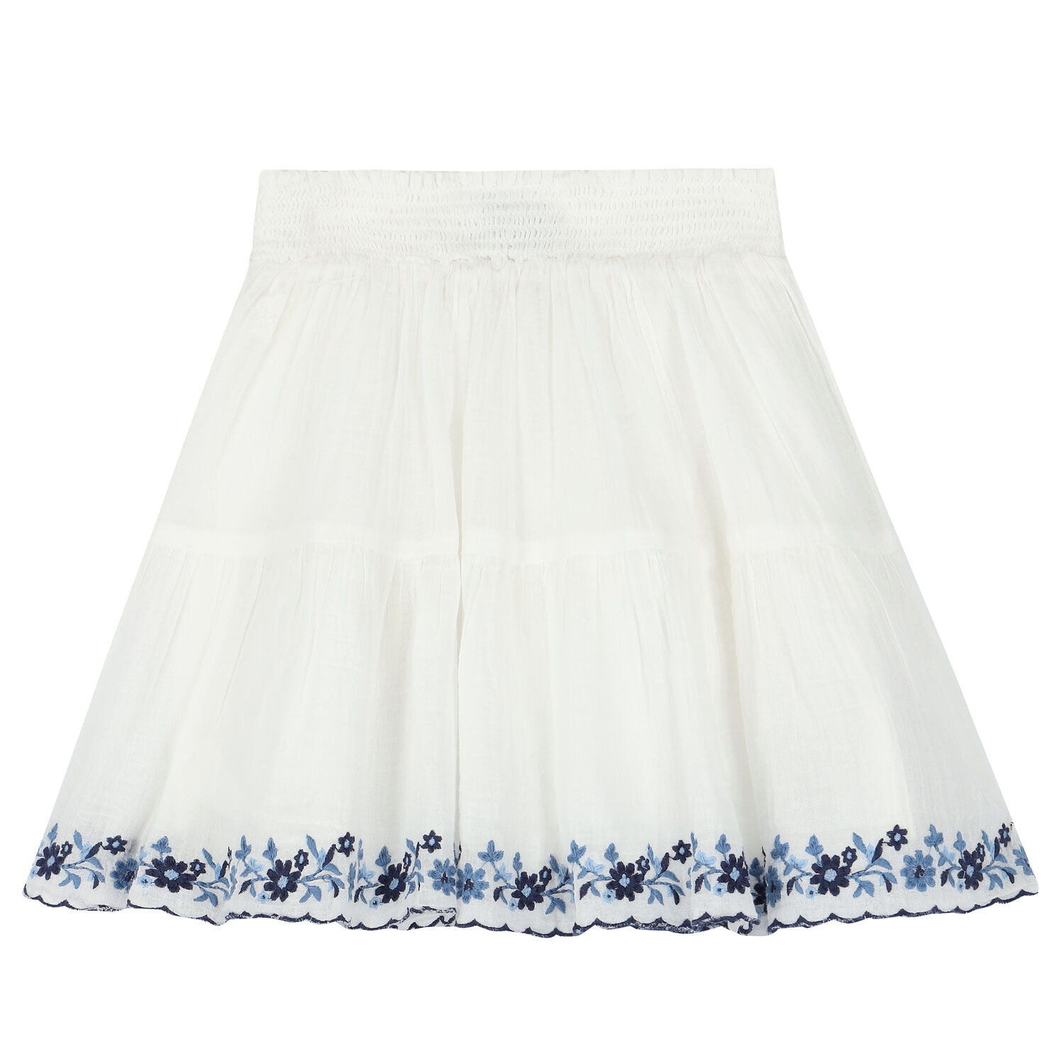 Girls White & Blue Smocked Skirt Set, 1, hi-res