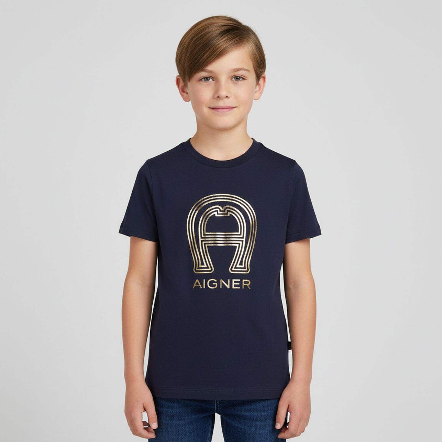Boys Navy Blue & Gold Logo T-Shirt, 2, hi-res