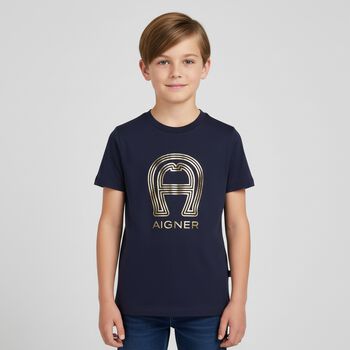 Boys Navy Blue & Gold Logo T-Shirt
