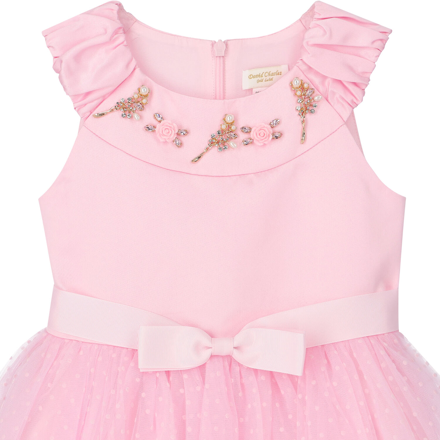 Girls Pink Satin & Tulle Dress, 1, hi-res