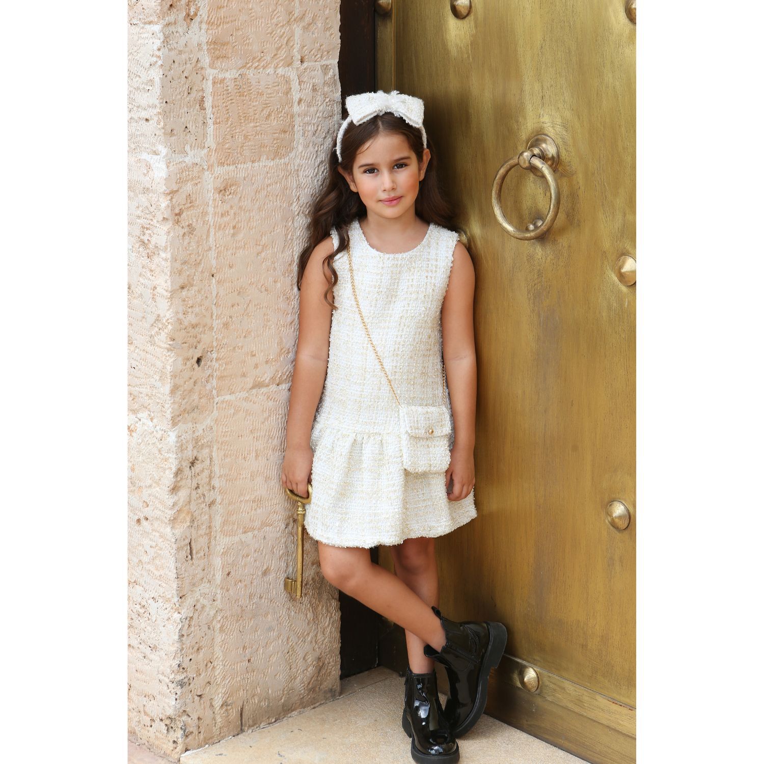 Girls Ivory & Gold Dress Set, 1, hi-res image number null