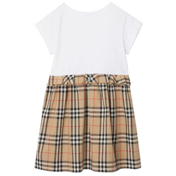 Girls White & Beige Check Ruffled Dress