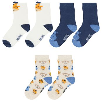 Younger Boys White, Navy Blue & Beige Socks ( 3-Pack ) 
