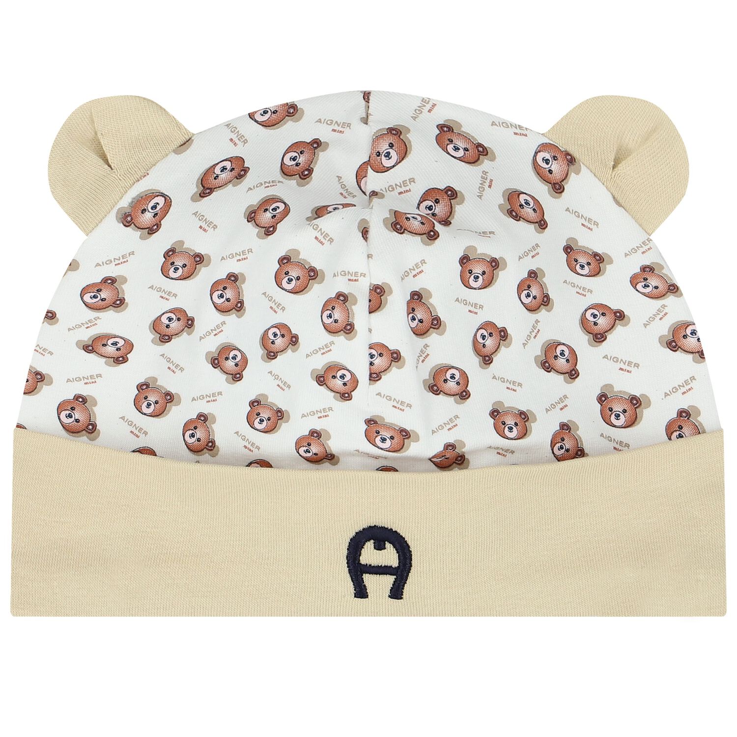 White & Beige Teddy Bear Logo Baby Hat, 1, hi-res