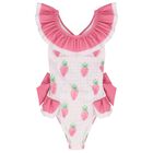 Girls White & Pink Gingham Strawberries Swimsuit, 2, hi-res