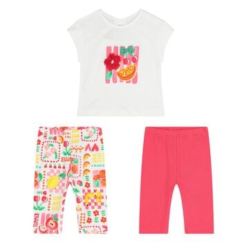 Younger Girls White & Pink Leggings Set