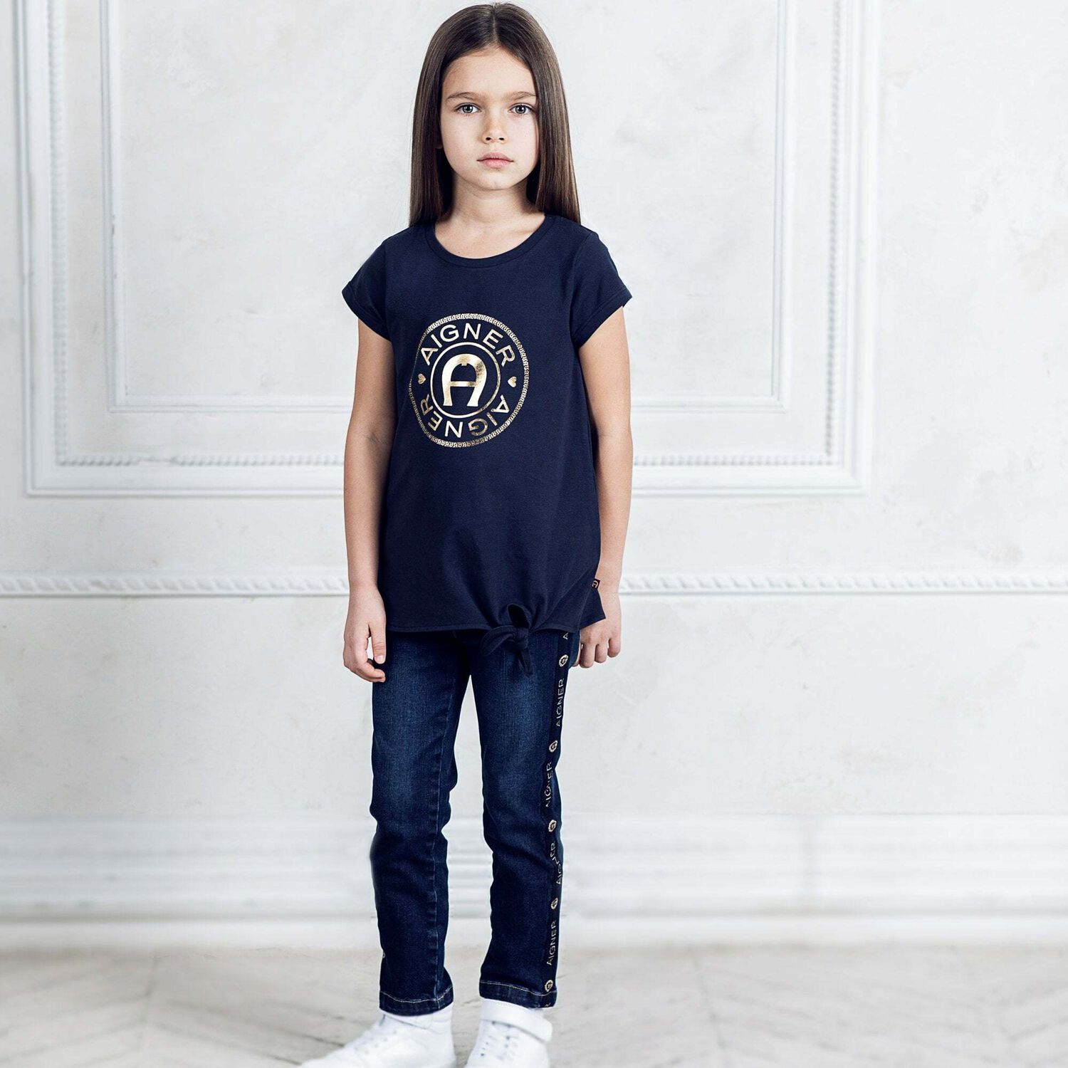 Girls Blue & Gold Logo Jeans, 1, hi-res