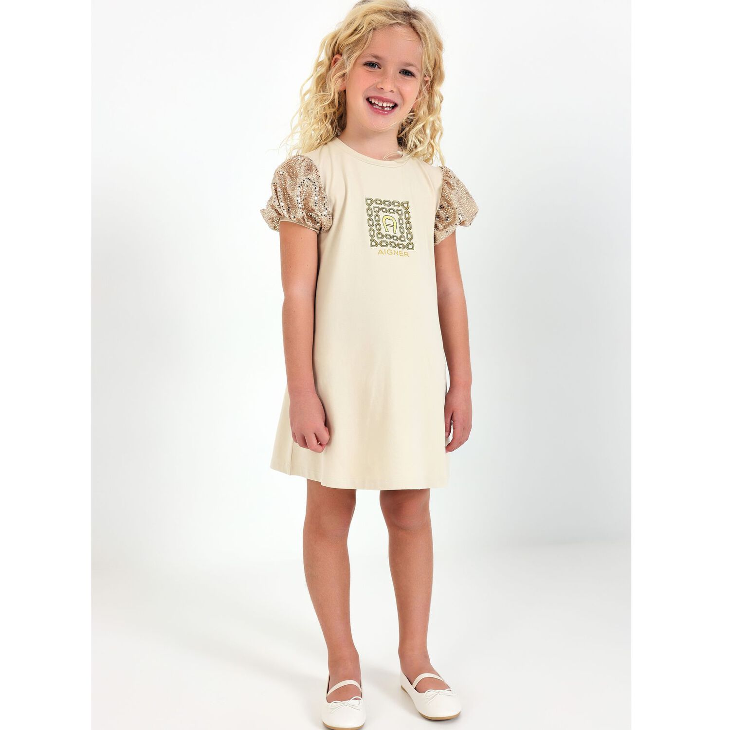 Girls Beige & Gold Logo Dress, 2, hi-res image number null
