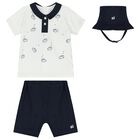 Baby Boys White & Navy Blue Shorts Set, 1, hi-res