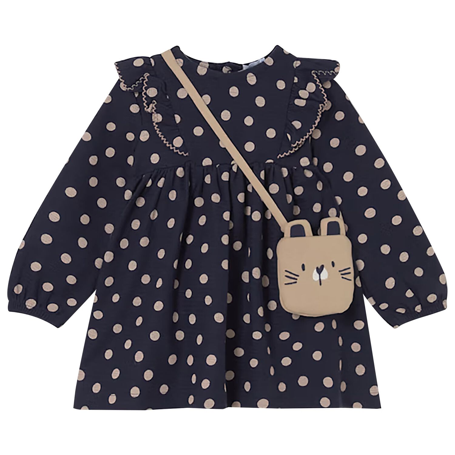 Younger Girls Navy Blue Polka Dots Dress Set, 1, hi-res