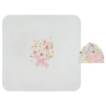 Baby Girls White & Pink Floral Blanket Set 
