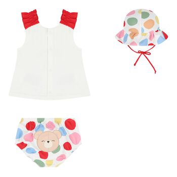 Baby Girls White & Red Swimsuit Set with Hat