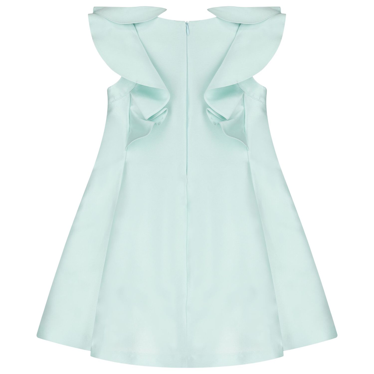 Girls Aqua Satin Ruffle Dress, 3, hi-res