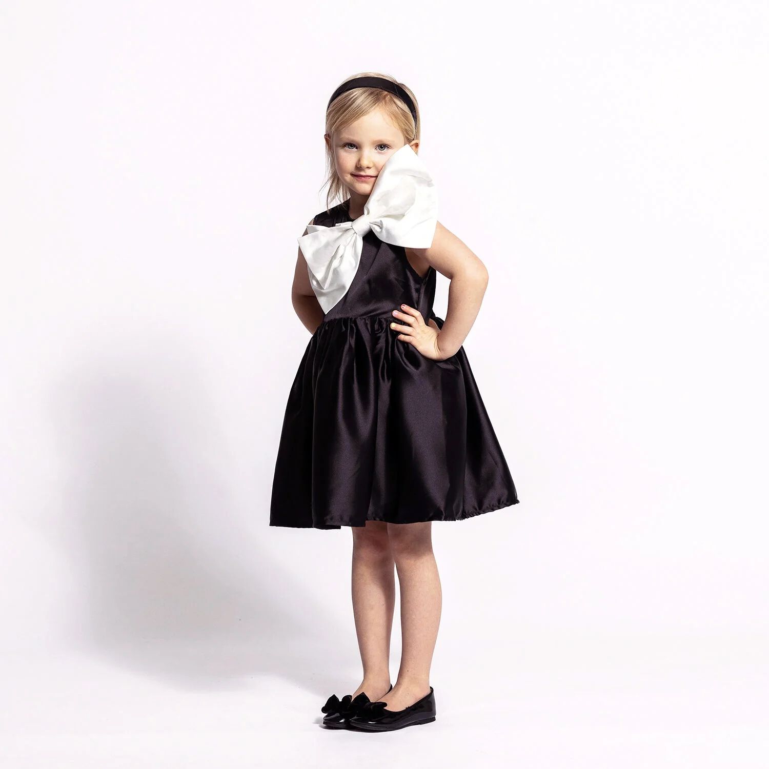 Girls Black & White Bow Dress, 2, hi-res image number null